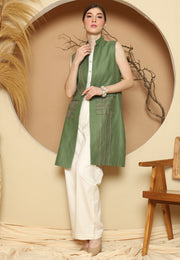 Green Linen Vest With Detail Stich