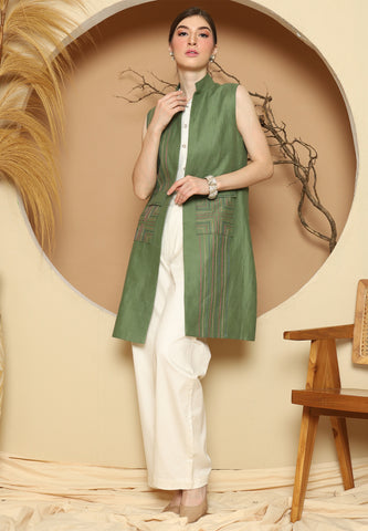 Green Linen Vest With Detail Stich