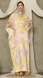 Yellow Pink Short Sleeve Abstract Kaftan