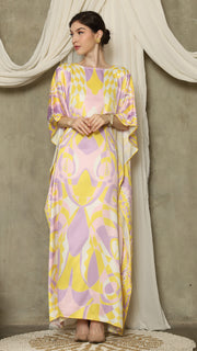 Yellow Pink Short Sleeve Abstract Kaftan