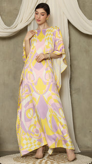 Yellow Pink Short Sleeve Abstract Kaftan