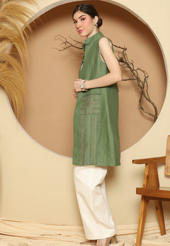 Green Linen Vest With Detail Stich