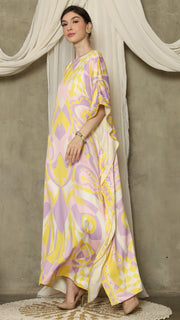 Yellow Pink Short Sleeve Abstract Kaftan