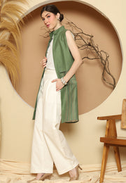 Green Linen Vest With Detail Stich