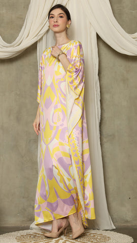 Yellow Pink Short Sleeve Abstract Kaftan