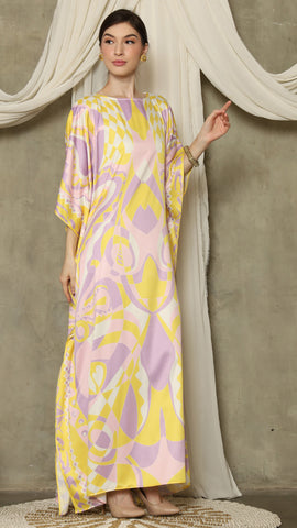 Yellow Pink Short Sleeve Abstract Kaftan