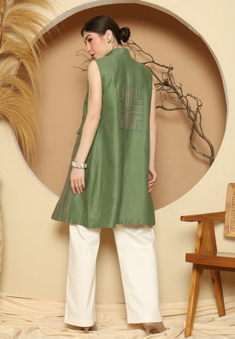 Green Linen Vest With Detail Stich