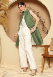 Green Linen Vest With Detail Stich