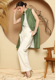 Green Linen Vest With Detail Stich