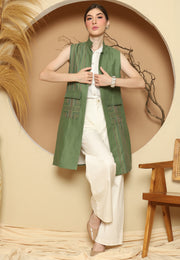 Green Linen Vest With Detail Stich