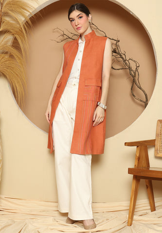 Orange Linen Vest With Detail Stich