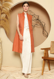 Orange Linen Vest With Detail Stich