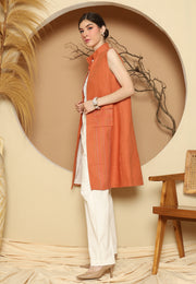 Orange Linen Vest With Detail Stich