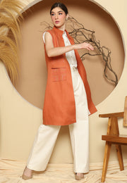 Orange Linen Vest With Detail Stich