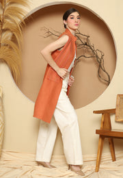 Orange Linen Vest With Detail Stich