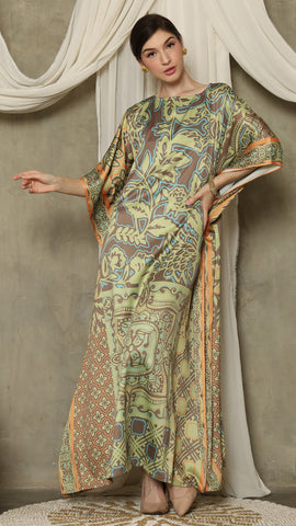 Green Orange Flower Short Sleeve Kaftan