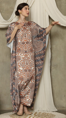 Brown Blue Batik Short Sleeve Kaftan