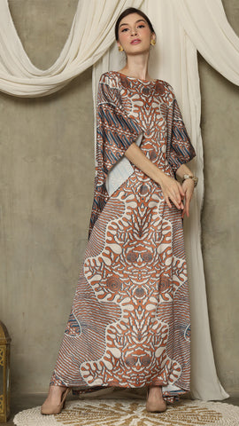 Brown Blue Batik Short Sleeve Kaftan