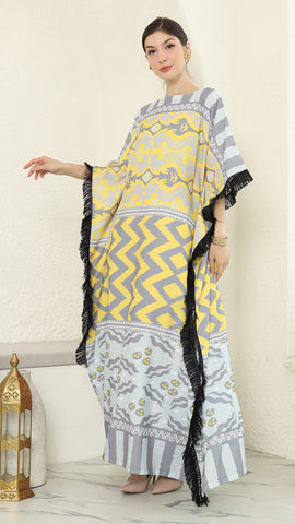 Yellow Grey Ikat Fringe Short Kaftan