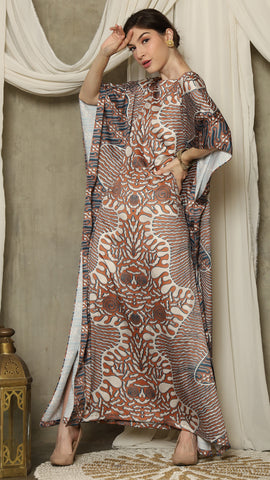 Brown Blue Batik Short Sleeve Kaftan