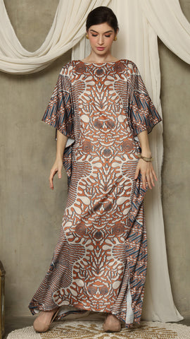 Brown Blue Batik Short Sleeve Kaftan