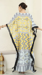 Yellow Grey Ikat Fringe Short Kaftan