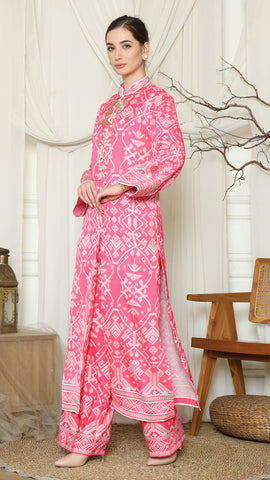 Pink Songket Long Tunic Pants Set