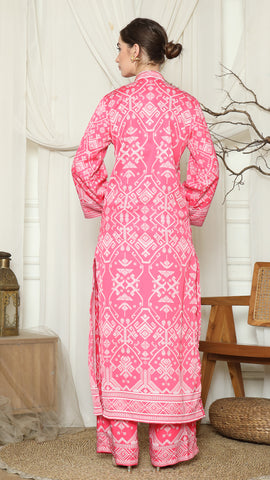 Pink Songket Long Tunic Pants Set