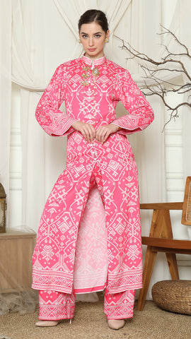 Pink Songket Long Tunic Pants Set