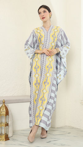 Yellow Grey Ikat Long Kaftan