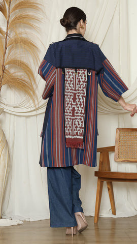 Brown Blue Handwoven Ikat Outer