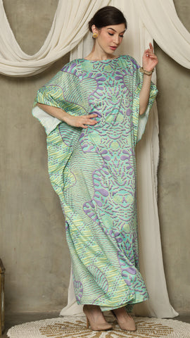 Green Purple Batik Short Sleeve Kaftan