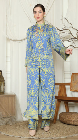 Blue Lime Songket Long Tunic Pants Set