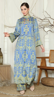 Blue Lime Songket Long Tunic Pants Set