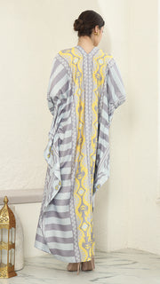 Yellow Grey Ikat Long Kaftan