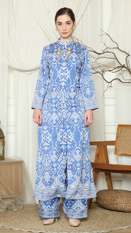 Blue Songket Long Tunic Pants Set