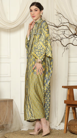 Green Grey Flower High Collar Long Kaftan