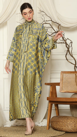 Green Grey Flower High Collar Long Kaftan