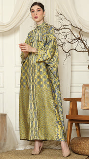 Green Grey Flower High Collar Long Kaftan