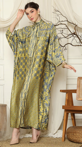 Green Grey Flower High Collar Long Kaftan