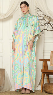 Green Abstract High Collar Short Kaftan