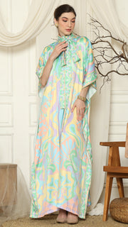 Green Abstract High Collar Short Kaftan