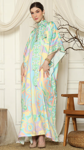 Green Abstract High Collar Short Kaftan