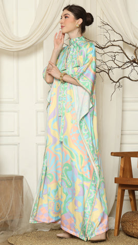 Green Abstract High Collar Short Kaftan