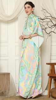 Green Abstract High Collar Short Kaftan