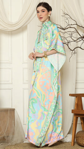 Green Abstract High Collar Short Kaftan