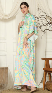 Green Abstract High Collar Short Kaftan