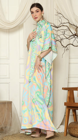 Green Abstract High Collar Short Kaftan