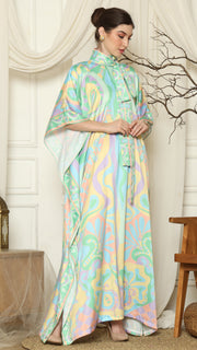 Green Abstract High Collar Short Kaftan