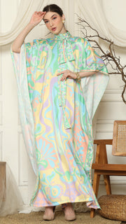 Green Abstract High Collar Short Kaftan